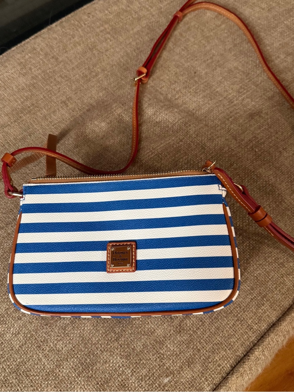 Dooney & Bourke Blue and White Striped Crossbody with Tan Trim